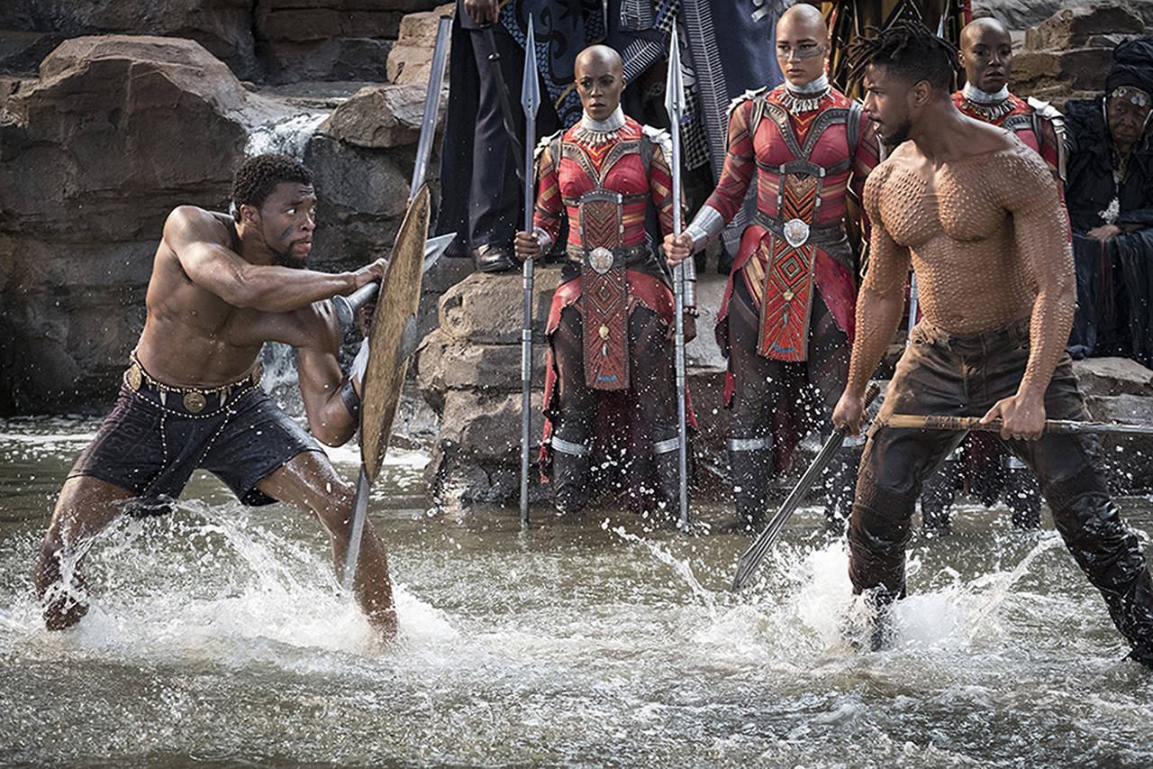 T’Challa/Black Panther (Chadwick Boseman) and Erik Killmonger (Michael B. Jordan) face off in the film “Black Panther.” (Matt Kennedy | Marvel Studios)
