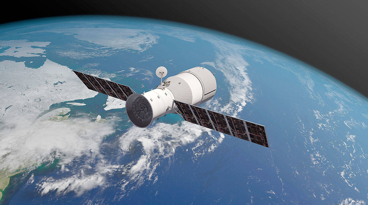 An artist’s depiction shows Tiangong-1, the Chinese space station that will plummet to Earth soon. (Courtesy Aerospace Corp.)