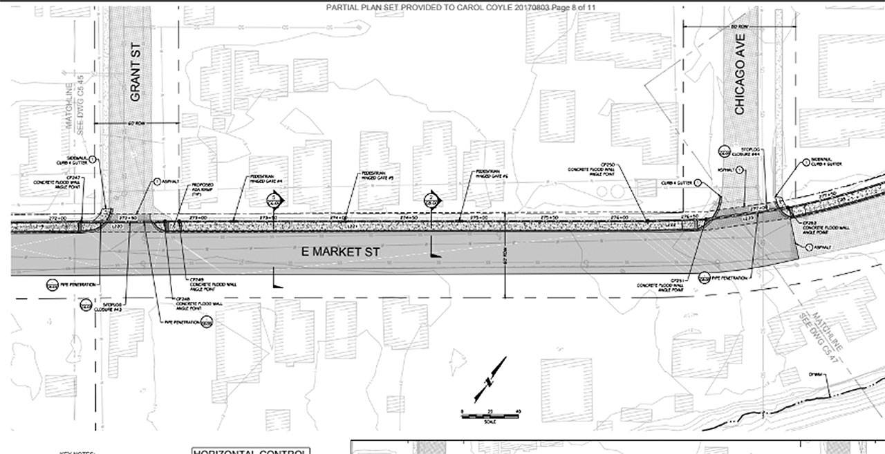(Courtesy Aberdeen Public Works) A plan shows how the North Shore Levee would follow along the north side of East Market Street in North Aberdeen. Houses south of this levee in this section would remain in the flood hazard zone.