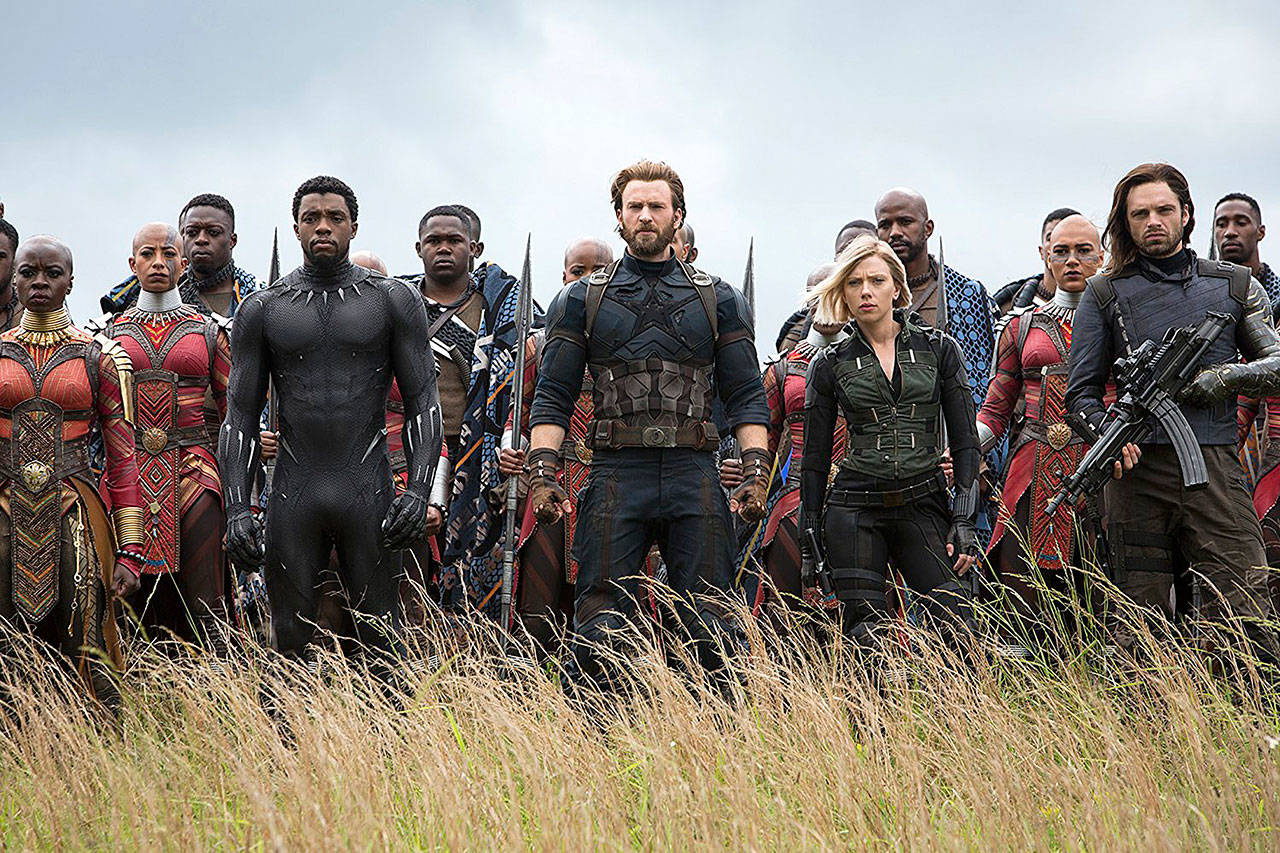 Chris Evans, Scarlett Johansson, Chadwick Boseman, Sebastian Stan, Danai Gurira, Marie Mouroum and Winston Duke in “Avengers: Infinity War.” (Marvel Studios)