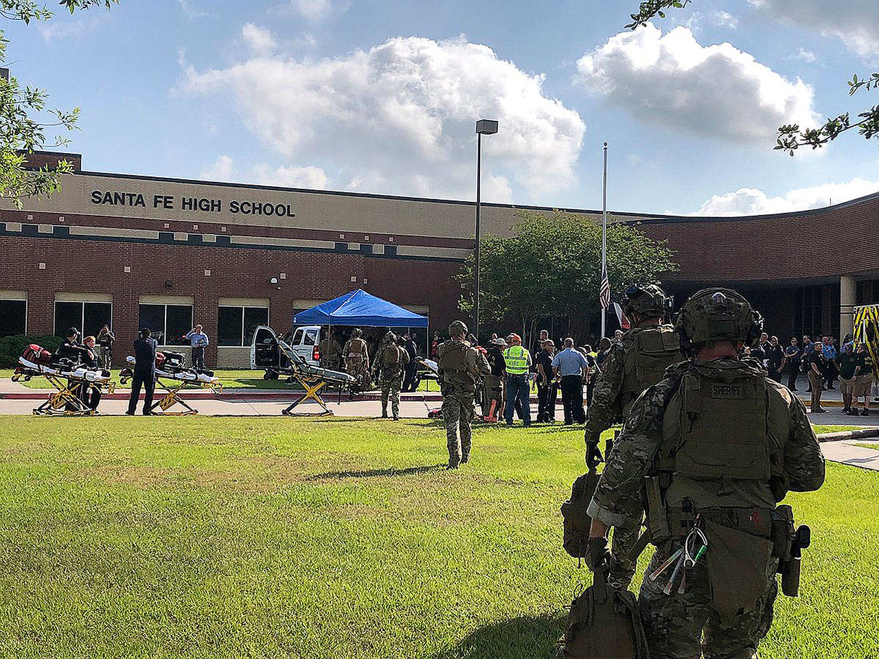 At least 10 people were killed and others injured when a shooter opened fire on a high school near Houston on Friday morning, according to officials. A male suspect, thought to be a student, has been arrested in the shooting at Santa Fe High School. (Harris County Sheriff’s Office)