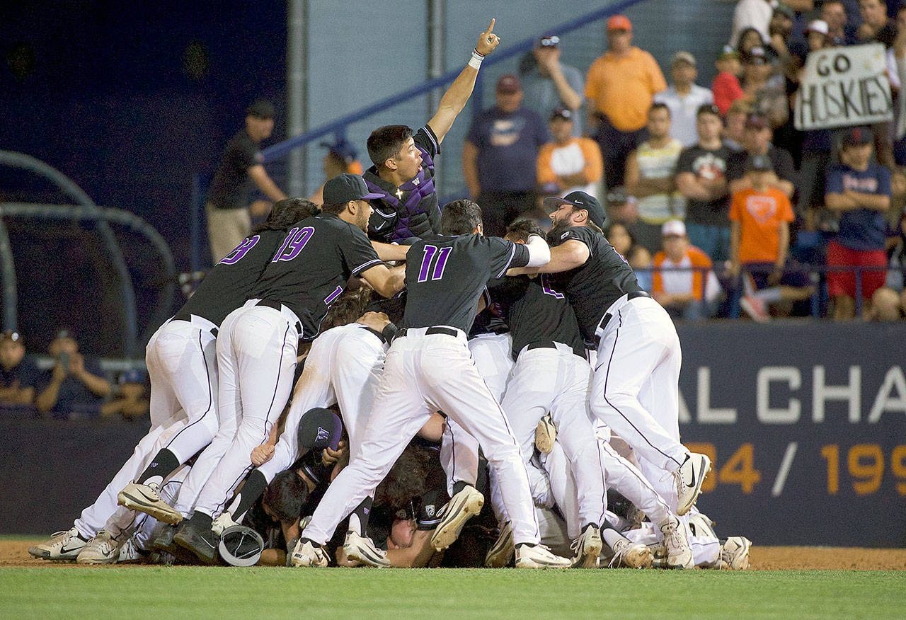 The Washington Huskies celebrate after defeating Cal State Fullerton on Sunday to earn a trip to the College World Series, the first in the school’s history. (Photo by Matt Brown)