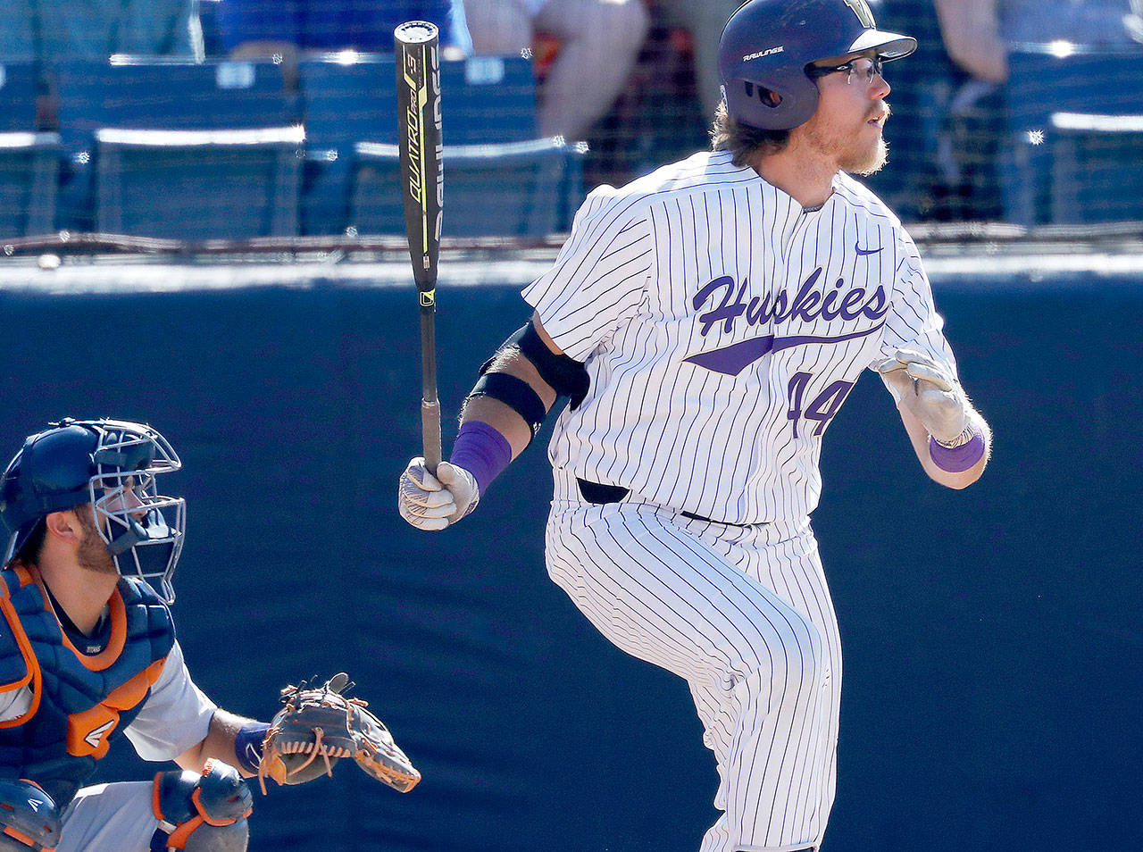 Washington’s Joe Wainhouse hits a solo home run against Cal State Fullerton in the fourth inning on Saturday, June 9, 2018, at Goodwin Field in Fullerton, Calif. The Huskies took two of three games from the Titans to earn their first trip to the College World Series. (Luis Sinco/Los Angeles Times/TNS)