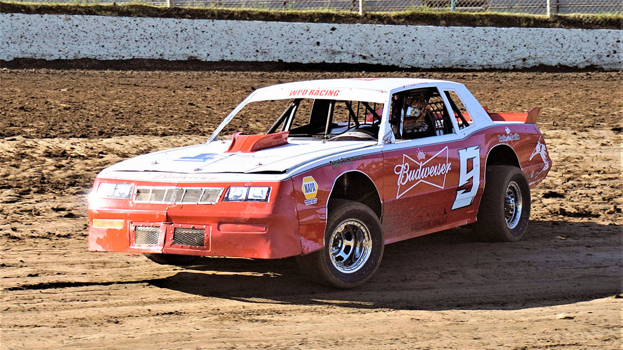 Hoquiam’s Jack Parshall drives his street stock race car to a feature-race victory at the Grays Harbor Raceway on Saturday in Elma. (Photo by AR Racing Videos)