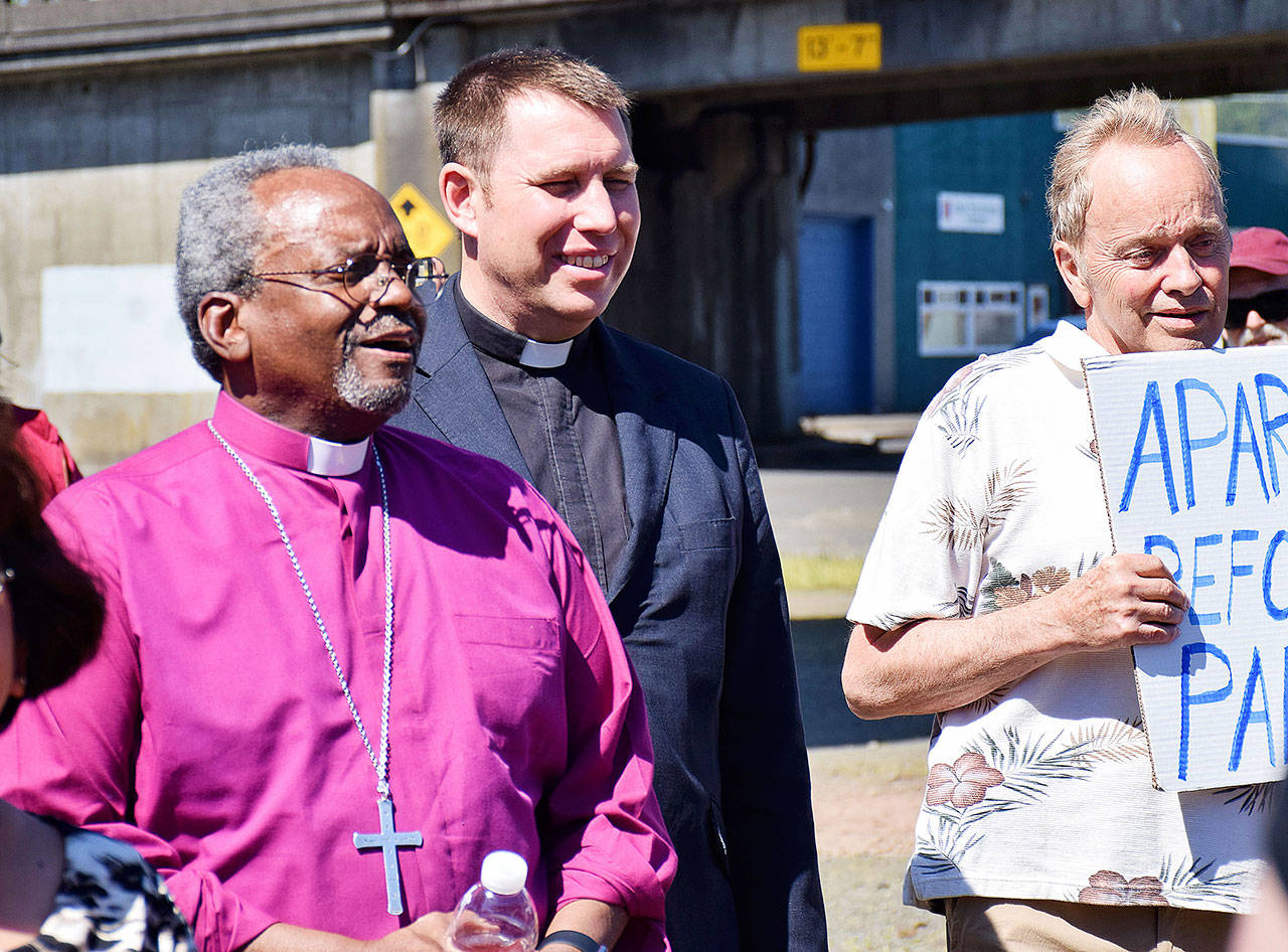 The Rev. Michael Curry, left, the presiding bishop of the Episcopal Church who gained international fame with his sermon at the royal wedding last month, was in Aberdeen on Saturday afternoon for a rally that sought to highlight homelessness. (Photo by Scott Johnston)