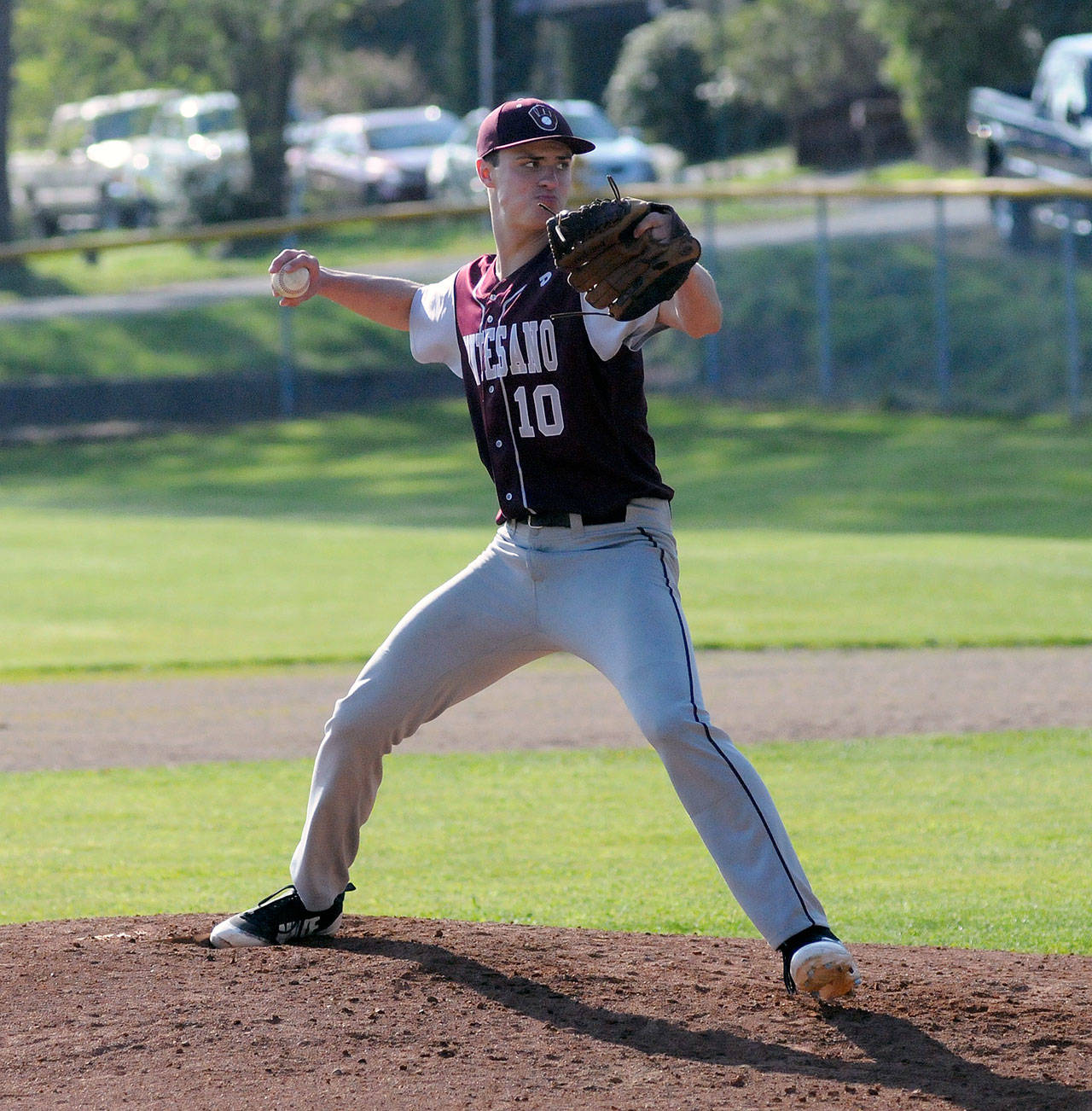 Montesano’s Trevor Ridgway throws a pitch against Rainier on April 26. Ridgway was awarded with the Don Parks Outstanding Athlete Award earlier this month. (File Photo)
