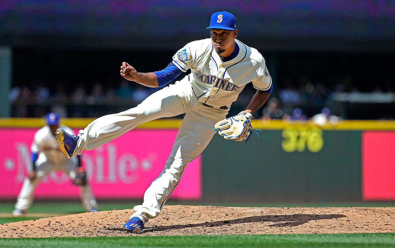 Seattle Mariners closer Edwin Diaz, seen here in 2017 against Oakland, is considered a favorite to make the All-Star Game this season. (Ken Lambert/Seattle Times/TNS)