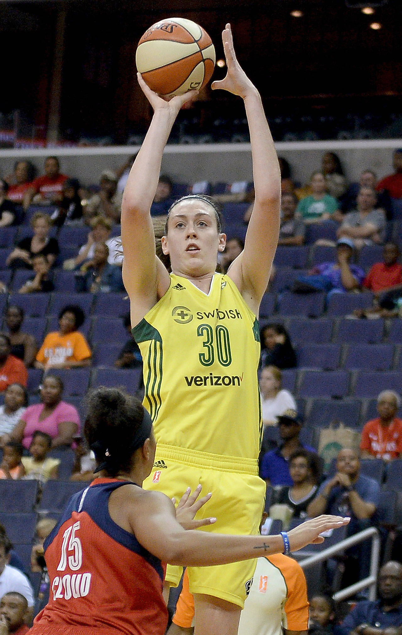 Seattle Storm forward Breanna Stewart (30) puts up a shot against Washington Mystics guard Natasha Cloud (15) in a game from 2016. Stewart is one of four Storm players hopeful to make this season’s WNBA All-Star Game. (Chuck Myers/Sipa USA/TNS)