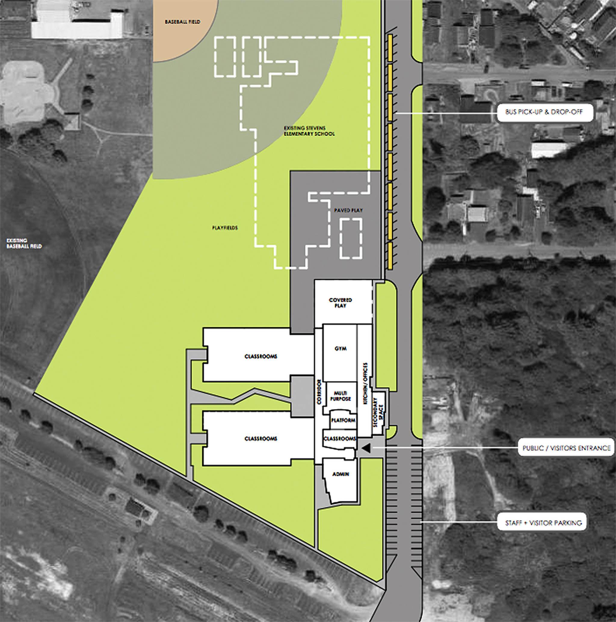 (TCF Architecture powerpoint) A blueprint shows the proposed new location for Stevens Elementary School just south of the current Stevens building.