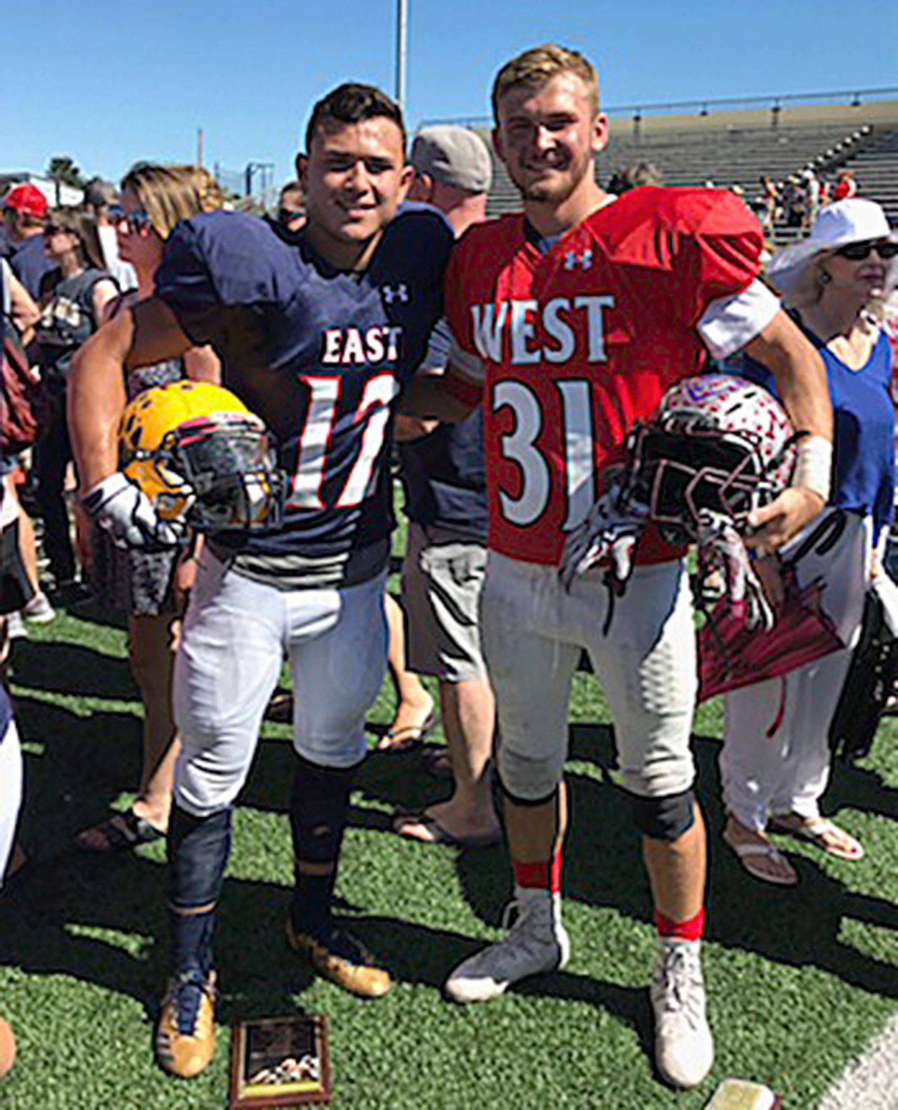 Aberdeen’s Kylan Touch, left, and Montesano’s Carson Klinger pose for a photo after the conclusion of the 24th Annual East-West Earl Barden All-Star Classic on Saturday in Yakima. (Photo courtesy of Milinda Poole)