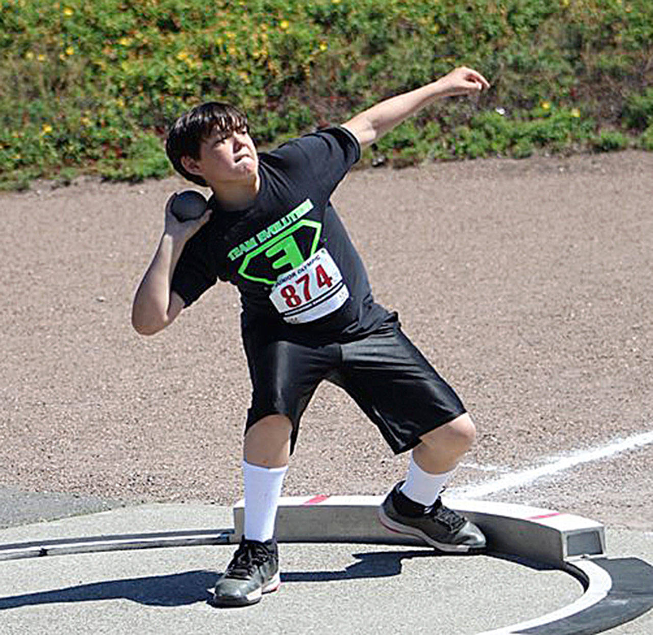 Shaun Straka Jr. heaves a shot put during the USATF Pacific Northwest Association Junior Olympic Championships in Tacoma last weekend. (Photo courtesy of Team Evolution Athletics)