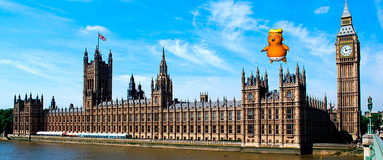 A rendering of the proposed blimp, flying over Parliament. (Trump Baby via Crowd Funder)