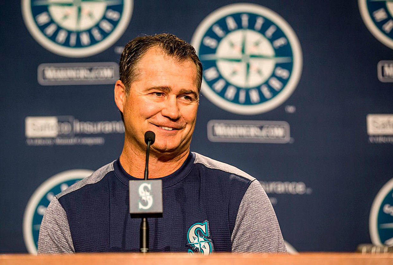 Mariners manager Scott Servais speaks at a new conference Friday announcing his new multi-year contract extension. (Rebekah Welch/The Seattle Times)