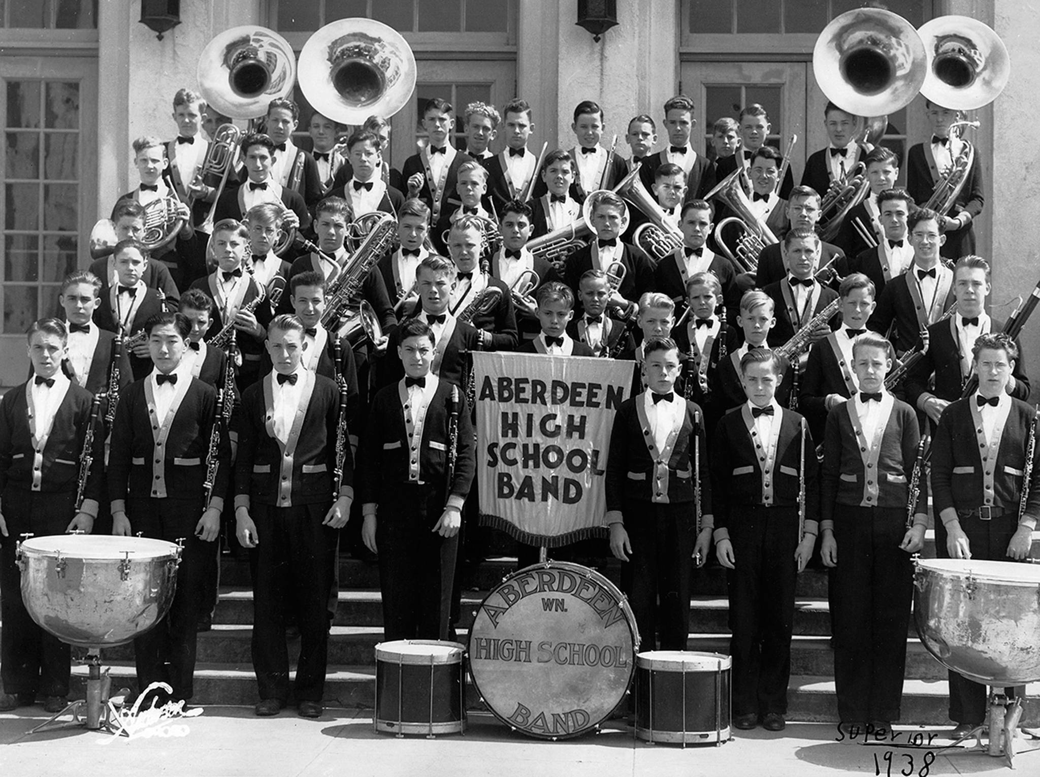 Polson Museum                                The Aberdeen HIgh School band poses for a photo in 1938. Aberdeen businessman Oscar Rosenkrantz is in the second row, just off the top-left corner of the AHS banner.