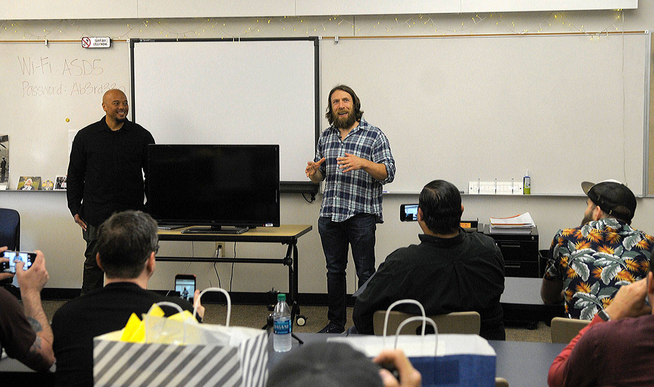Former Aberdeen High School graduate and WWE superstar Daniel Bryan speaks with members of the media during a promotional tour Wednesday. (Hasani Grayson | The Daily World)