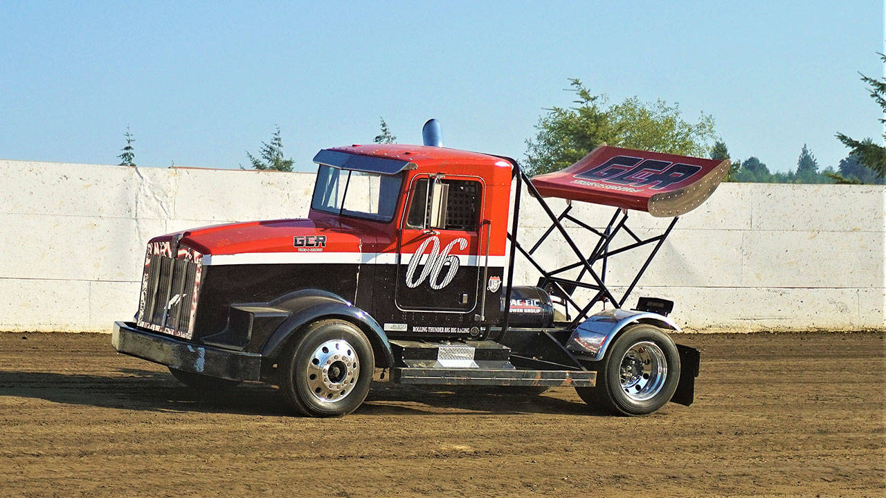 Tom Rayton drives his big rig to victory in the Rolling Thunder Big Rigs race at Grays Harbor Raceway on Saturday. (Photo by AR Racing Videos)