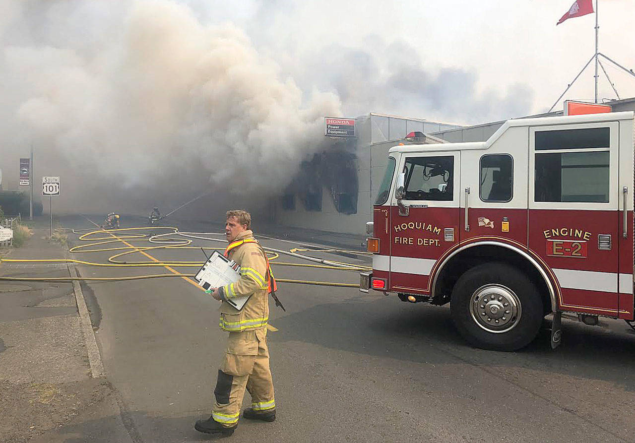 Hoquiam Police Department                                The Hoquiam and Aberdeen fire departments are fighting a fully engulfed commercial structure fire Monday, Aug. 20, on Simpson Avenue in Hoquiam.