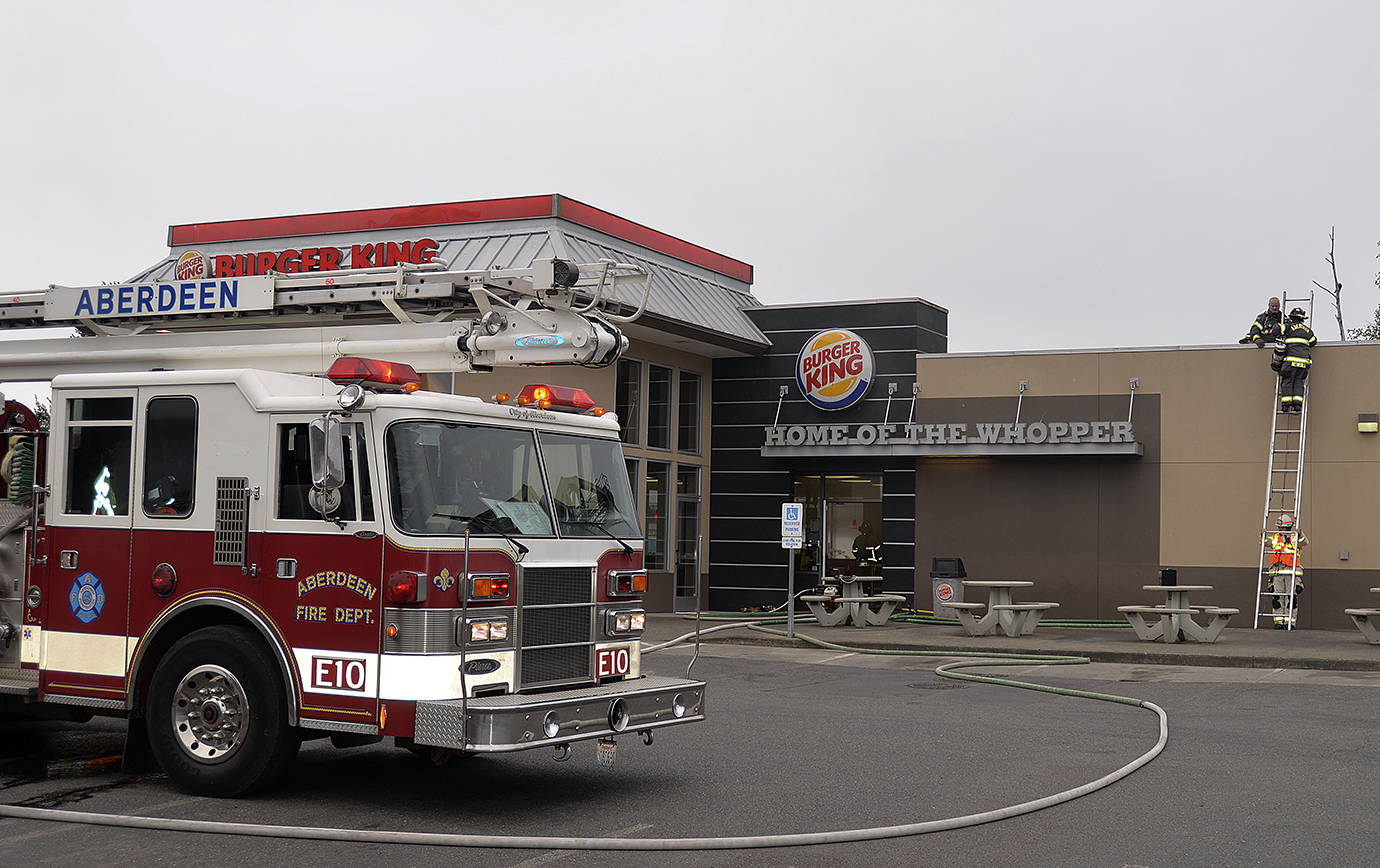 DAN HAMMOCK | THE DAILY WORLD                                A fire in a broiler vent filled the Aberdeen Burger King with smoke Wednesday morning. Employees and customers were able to escape uninjured. The fire was reported about 8 a.m., and Aberdeen firefighters were still on the scene at 9 a.m. checking for hot spots in the roof.