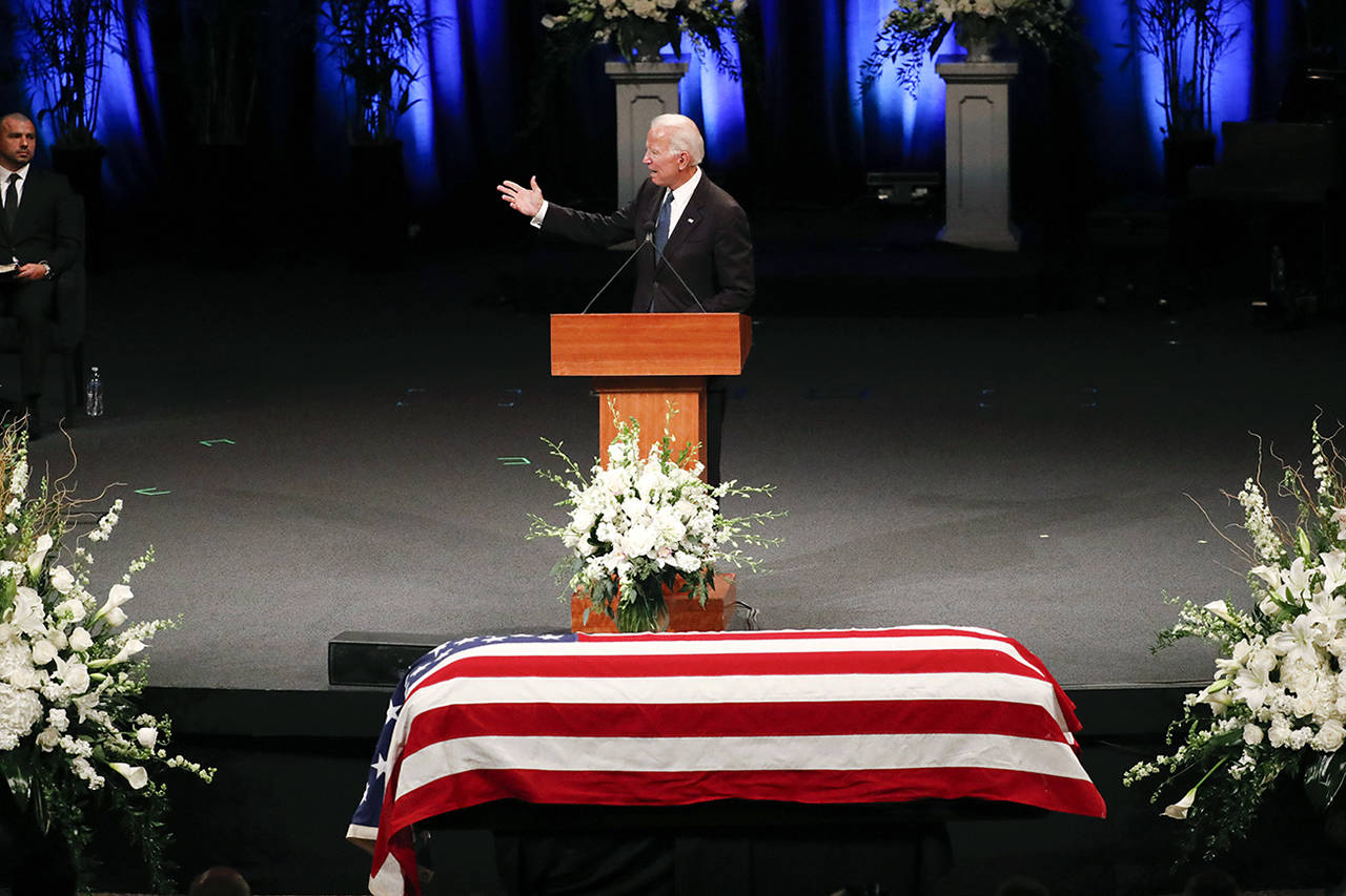 Former Vice President Joe Biden gives a tribute during the memorial service for Sen. John McCain, R-Ariz., on Thursday at North Phoenix Baptist Church in Phoenix. (Matt York | Sipa USA)
