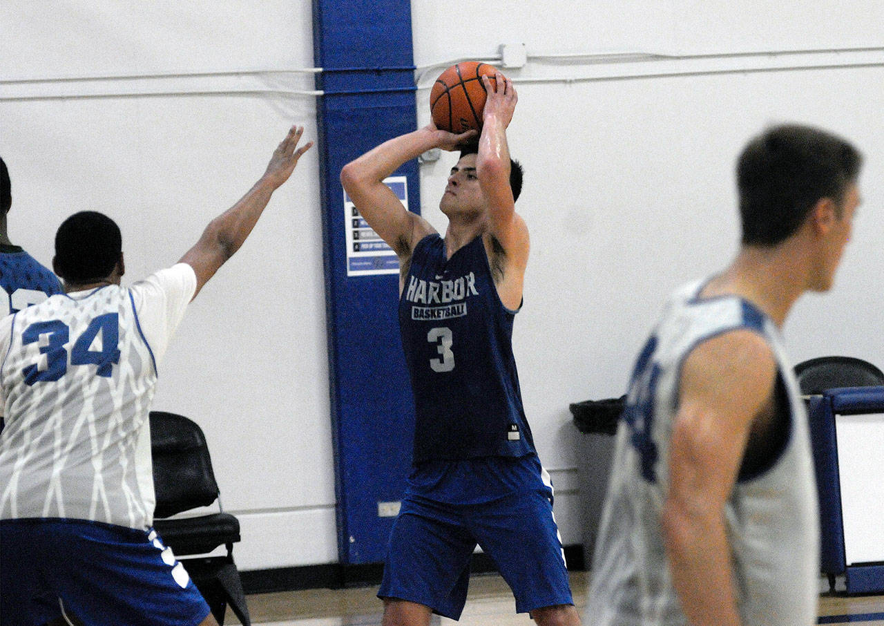 Montesano graduate, Trevor Ridgway, pulls up for a shot during a Grays Harbor Chokers basketball practice in September. (Hasani Grayson | Grays Harbor News Group)