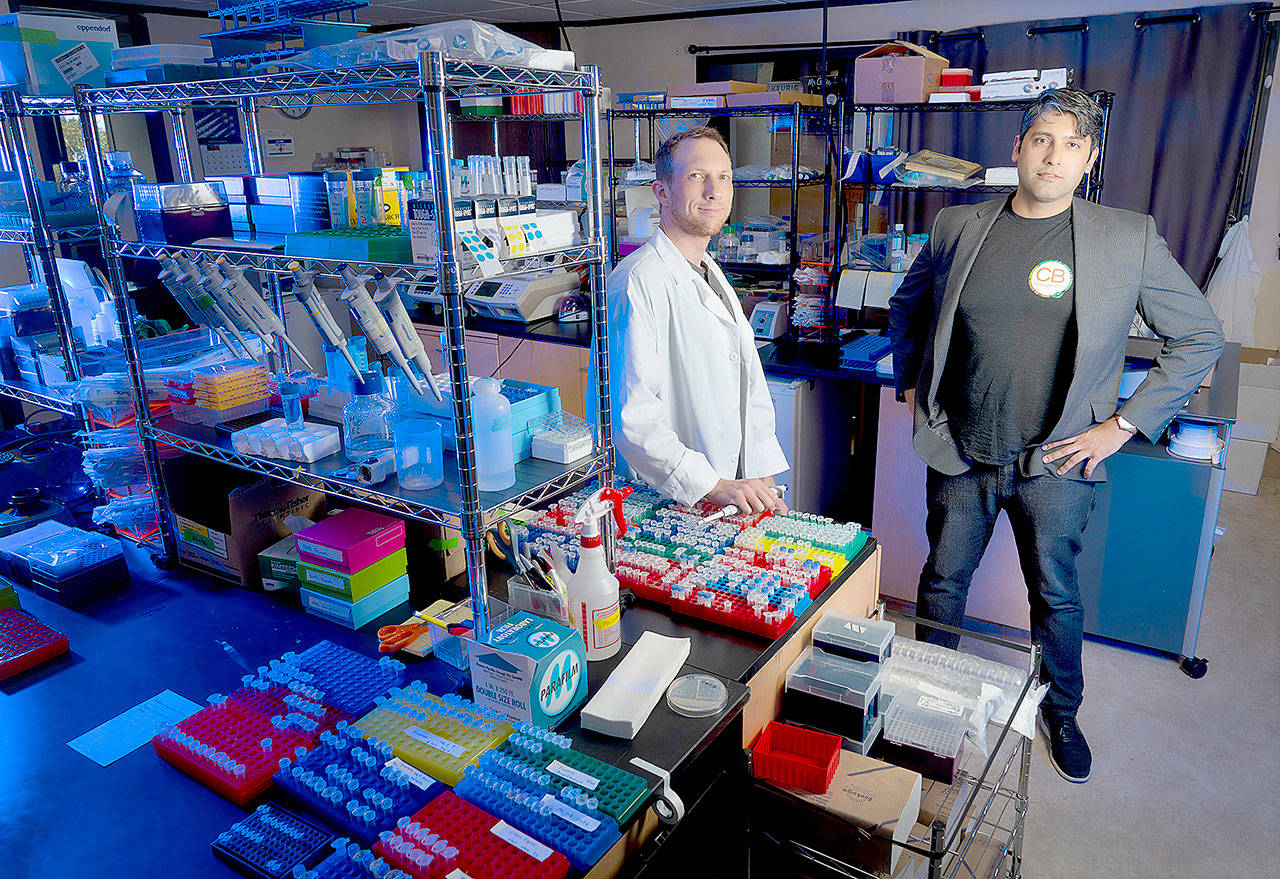 At their lab in San Diego, CB Therapeutics founders Jacob Vogan, Chief Scientific Officer, left, and Sher Ali Butt, CEO. (Nelvin C. Cepeda/San Diego Union-Tribune)
