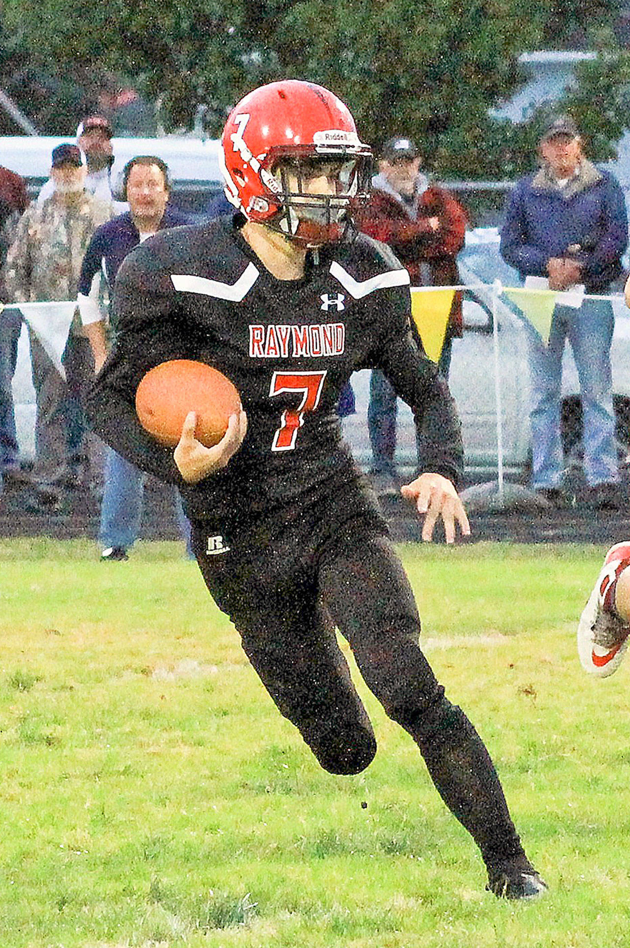 Raymond’s McCartney Maden ran for 155 yards and four TDs to earn The Daily World’s ‘Game Ball’ for offense this week. (Photo by Larry Bale)