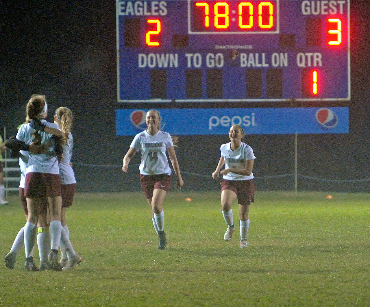 Montesano celebrates at midfield after Anna Ayers’ game winning goal in stoppage time at Davis Field on Thursday night. (Hasani Grayson | Grays Harbor News Group)