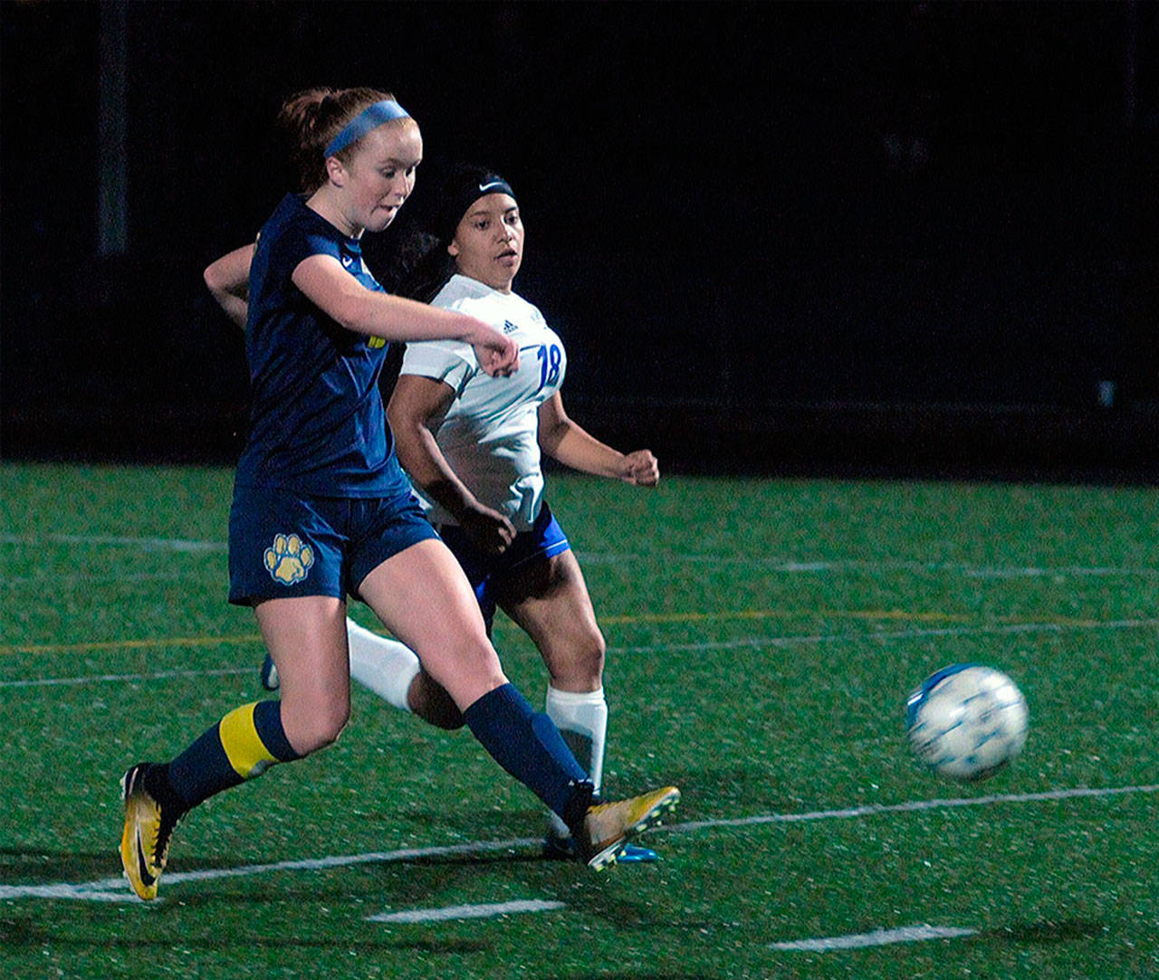 Aberdeen’s Emmy Walsh takes a shot on goal in the second half of a game against Rochester on Tuesday night. Walsh scored the eventual game-winning goal in the 45th minute. (Hasani Grayson | Grays Harbor News Group)
