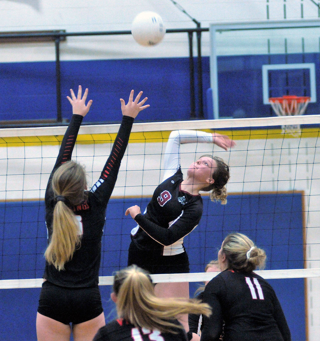 Ocosta’s Layne Martin gets her shot over the net in the third set against Mossyrock on Tuesday night. Martin had 13 kills and 6 aces in Ocosta’s 3-1 win over the Vikings. (Hasani Grayson | Grays Harbor News Group)
