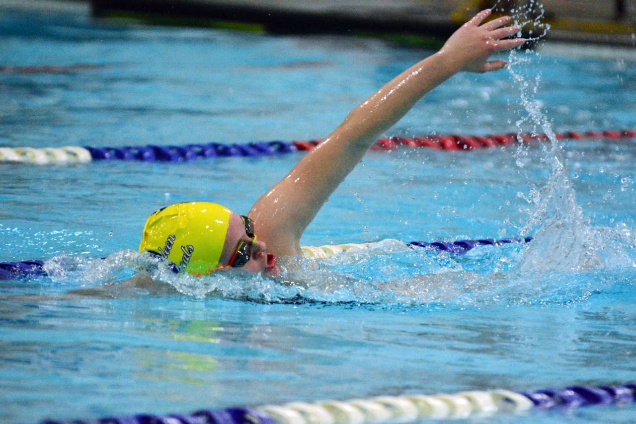 Aberdeen swimmer Annika Eisele competes in the 2A District IV Championships on Friday in Hoquiam. (Photo by Natalie Hurd)