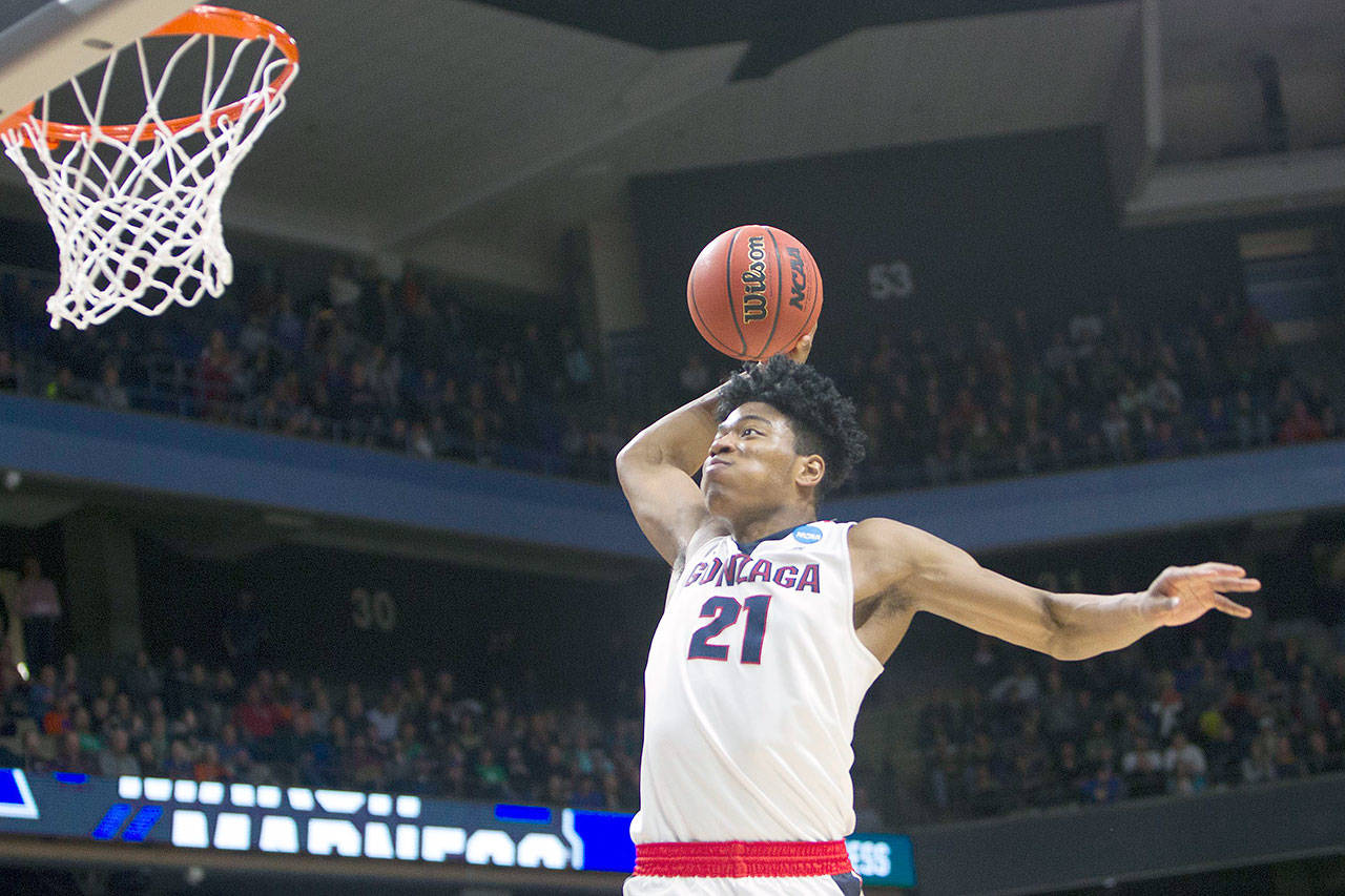 Gonzaga’s Rui Hachimura winds up for a slam dunk late in the Bulldogs’ 90-84 win against Ohio State during the second round of the NCAA Tournament West Regional on Saturday, March 17, 2018, at Taco Bell Arena in Boise, Idaho. (Darin Oswald/Idaho Statesman/TNS)