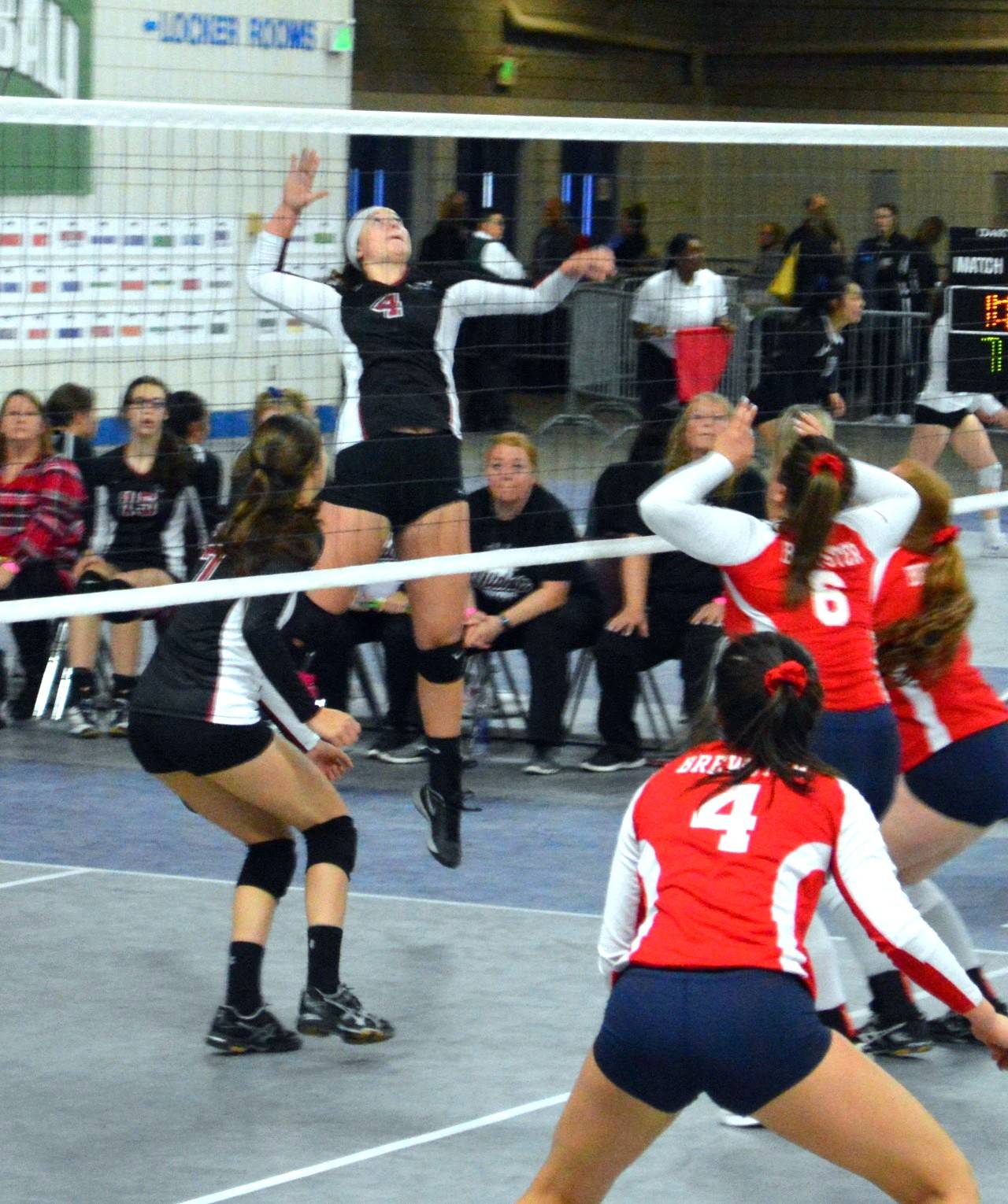 Ocosta’s Kaylee Barnum rises for a kill in a 2B State Tournament game Thursday against Brewster. (Photo by Jim Snider)