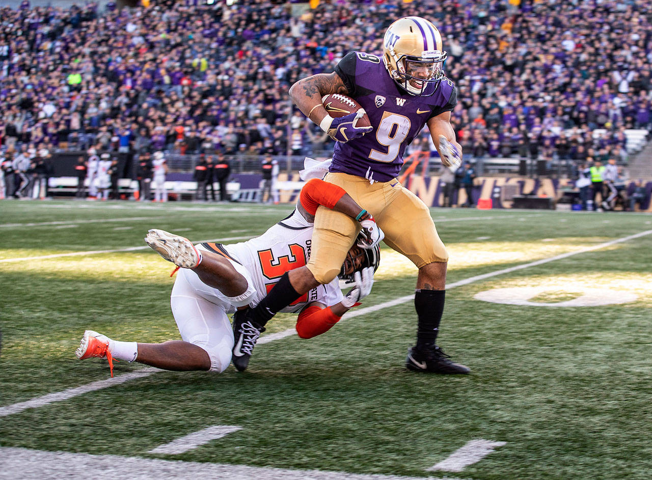 Oregon State safety Jalen Moore is the only man who can keep Washington’s Myles Gaskin (9) out of the end zone as Gaskin rushes for 54 yards, setting up the Huskies’ first score of the game on Saturday, Nov. 17, 2018, at Husky Stadium in Seattle. Washington won, 42-23. (Dean Rutz/Seattle Times/TNS)