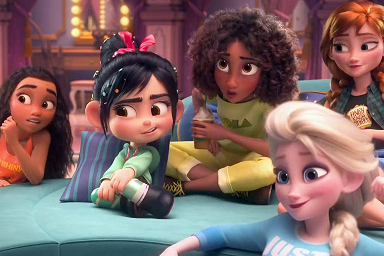 Disney                                 Vanellope von Schweetz (Sarah Silverman) talks with fellow Disney princesses Moana, Tiana, Elsa and Anna in “Ralph Breaks the Internet.”