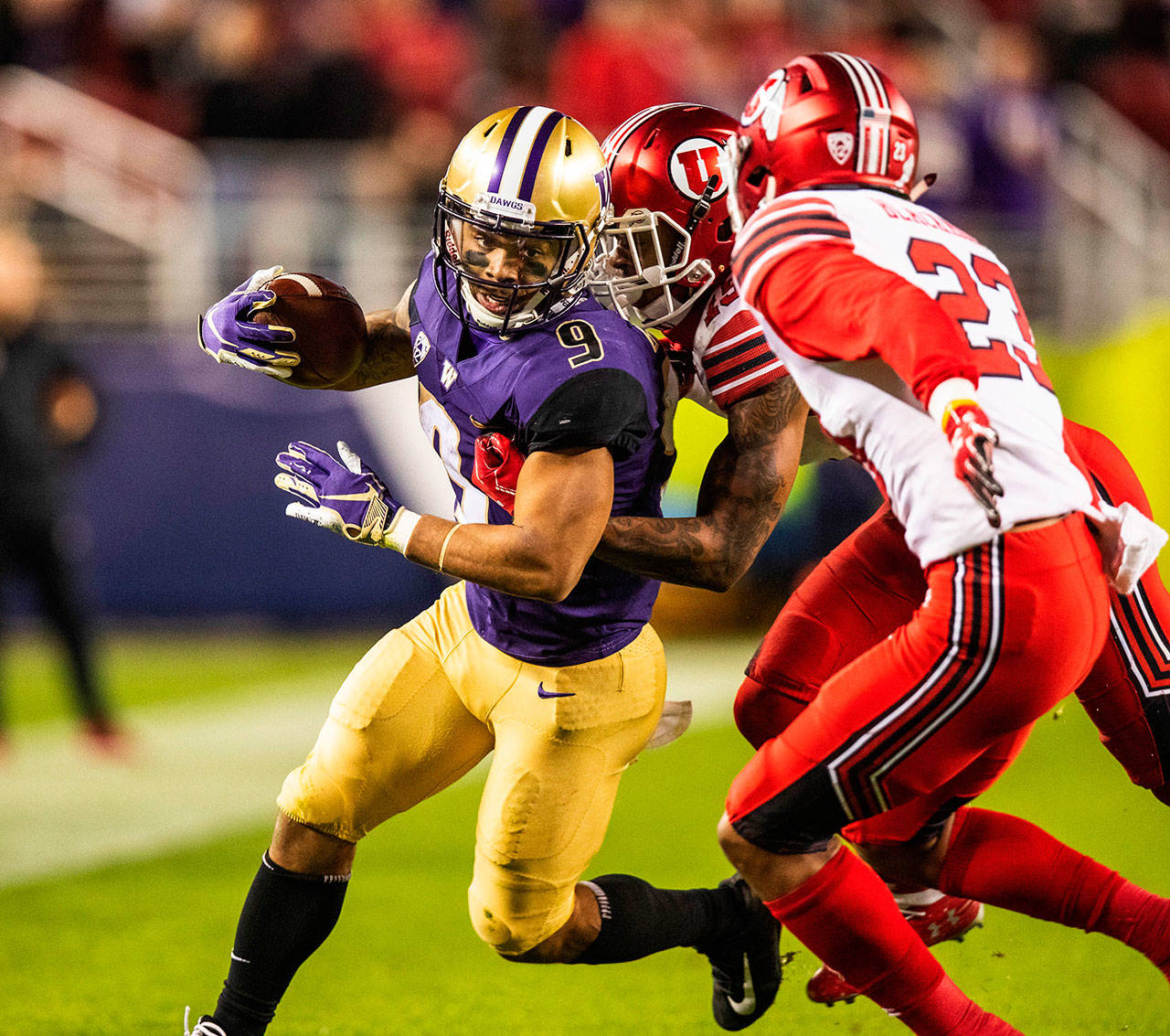 Myles Gaskin had 50-yards rushing in the first half, but the Huskies could get into the end zone against Utah.The 11th-ranked Washington Huskies played the 17th-ranked Utah Utes in the Pac-12 Championship game at Levi’s Stadium in Santa Clara, CA, Friday November 30, 2018. (Dean Rutz/The Seattle Times/TNS)