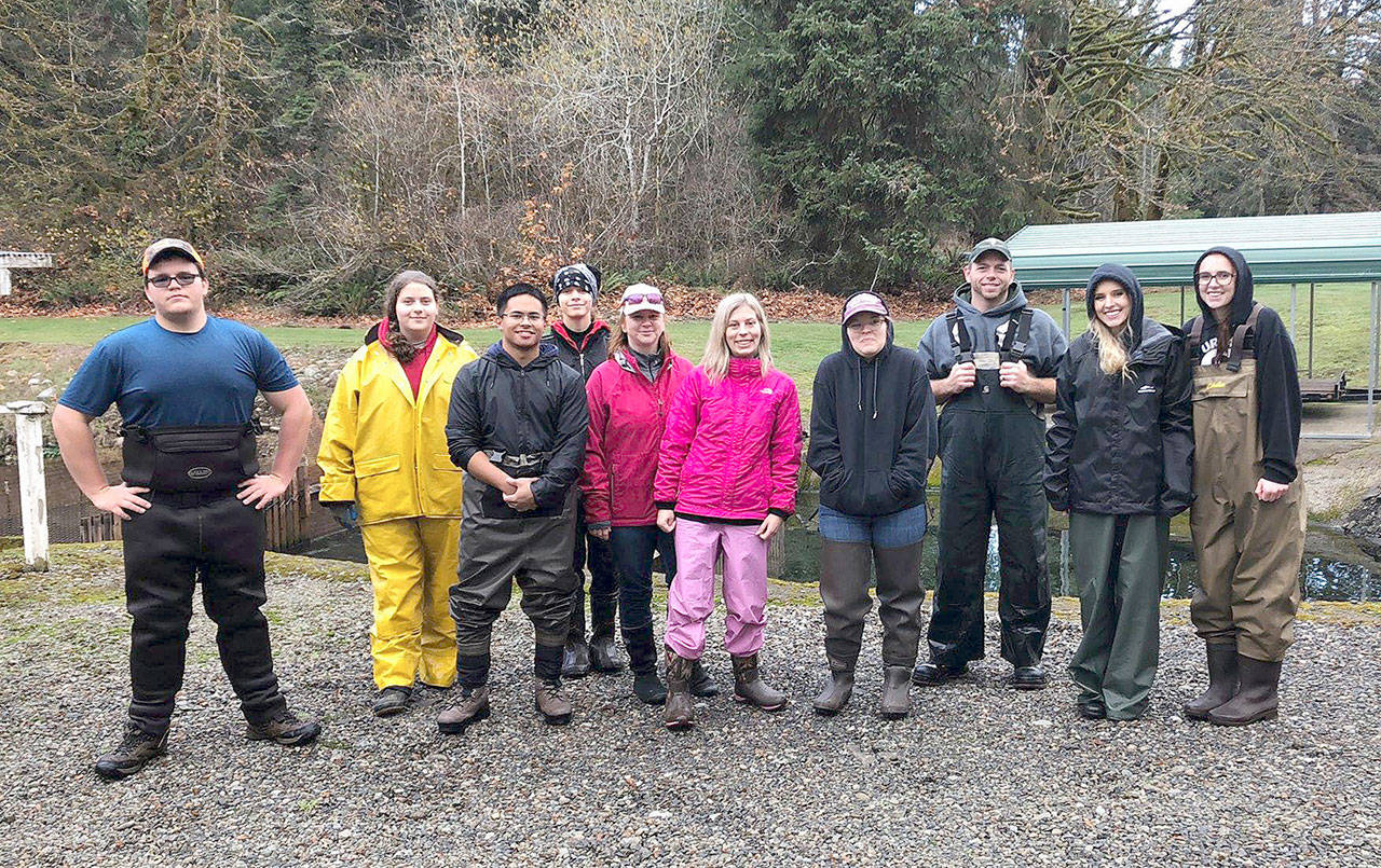 PHOTO COURTESY OF GRAYS HARBOR COLLEGE FISH LAB                                 Grays Harbor College Fish Lab volunteers joined alumni Steve Franks recently to surplus coho at the Satsop Springs Fish Rearing Facility.