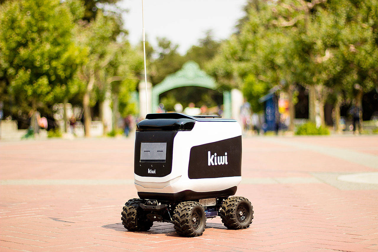 One of Kiwi Campus’ Kiwibot robots was idling on December 14, 2018, when one of its batteries began to smolder, and then spouted smoke and fire, according to a company blog post. (Kiwibot/TNS)
