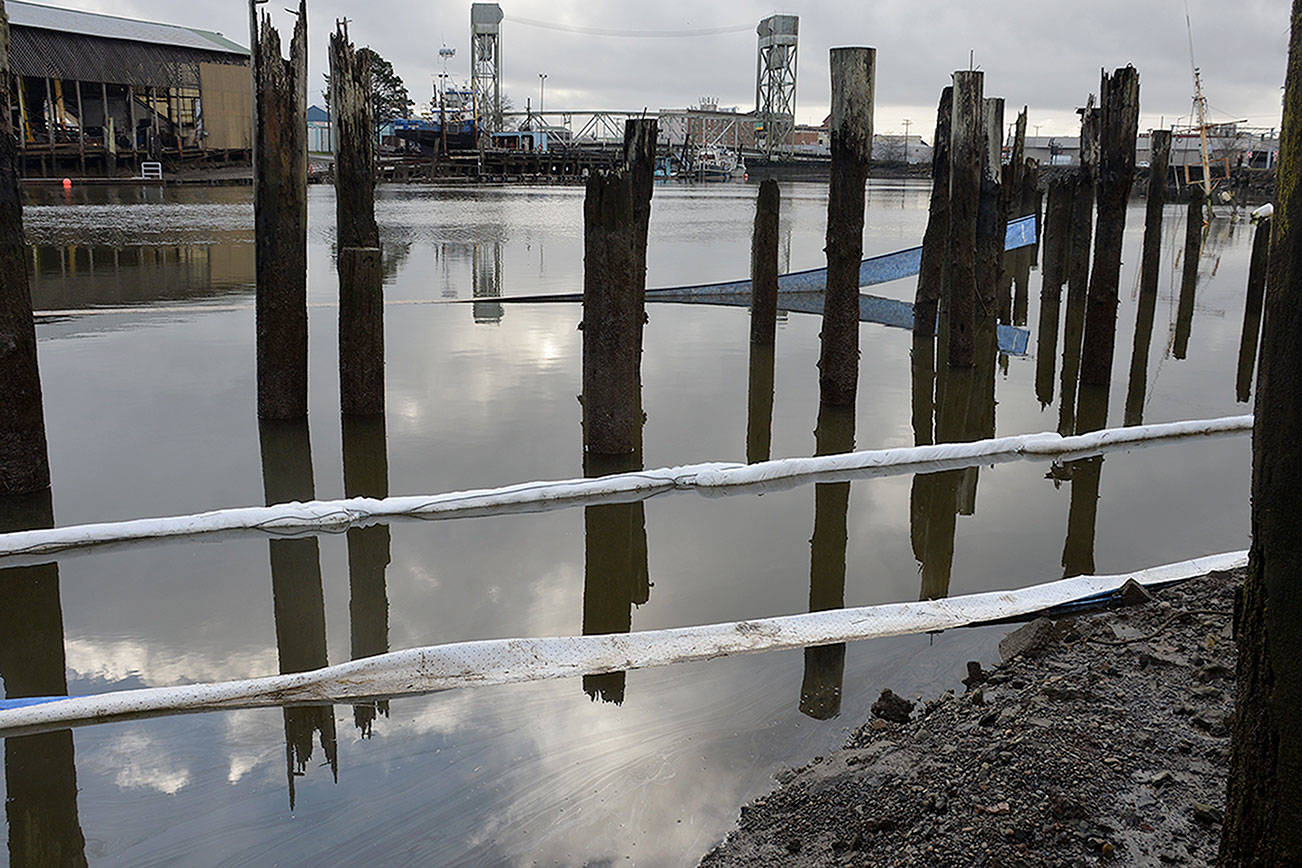 Louis Krauss | Grays Harbor News Group                                A boat sank into the Hoquiam River on Christmas morning, resulting in spilled oil that created a sheen over the water. Floating absorbents were deployed by the Washington State Department of Ecology.