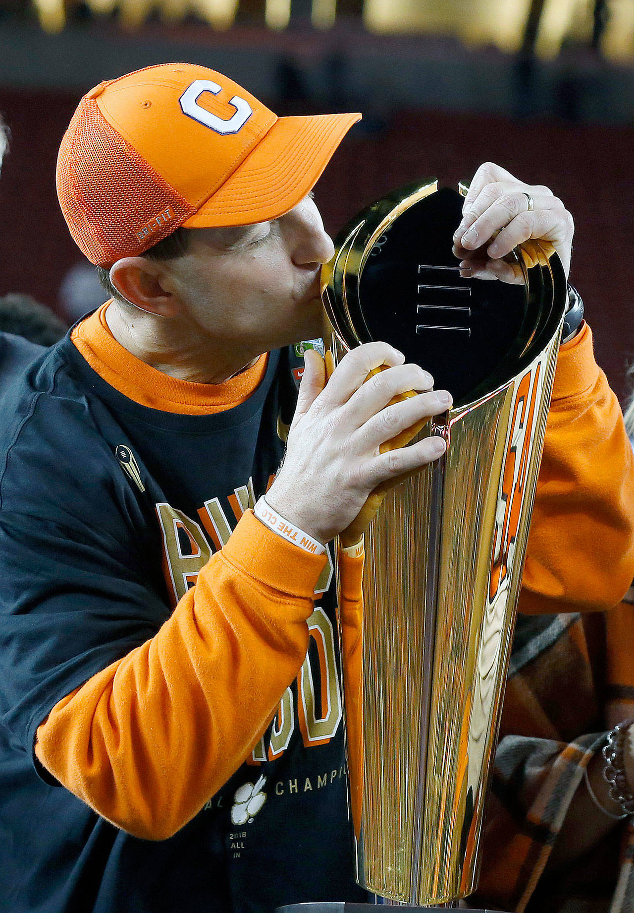 January 07, 2019 Clemson Tigers head coach Dabo Swinney kisses the trophy after the National Championship game between the Clemson Tigers and the Alabama Crimson Tide at Levi’s Stadium in Santa Clara, California. (Charles Baus/CSM via ZUMA Wire)