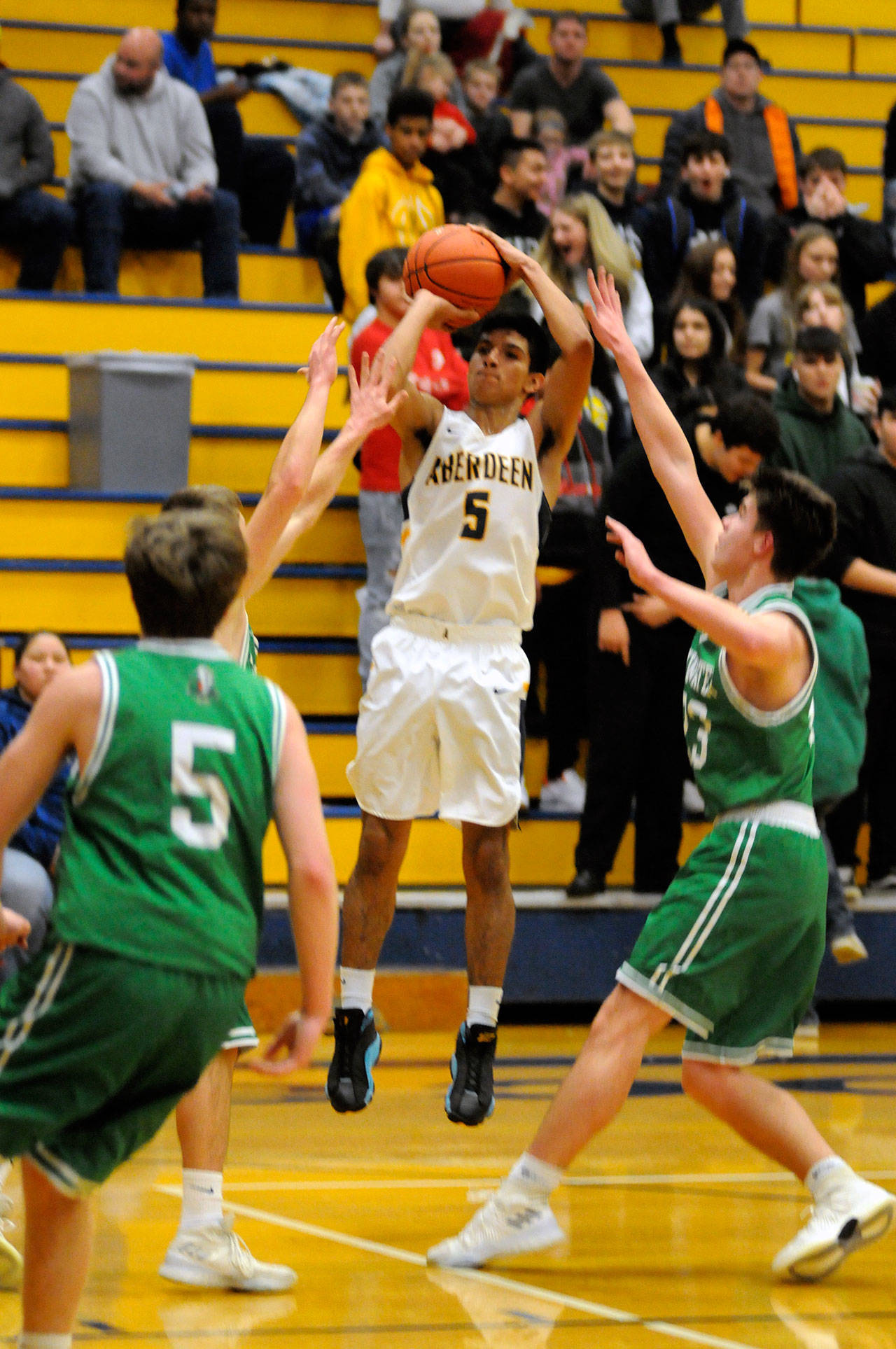 Aberdeen guard Javier Bojorge shoots during the first half against Tumwater on Tuesday. Bojorge finished with a game-best 21 points. (Ryan Sparks | Grays Harbor News Group)