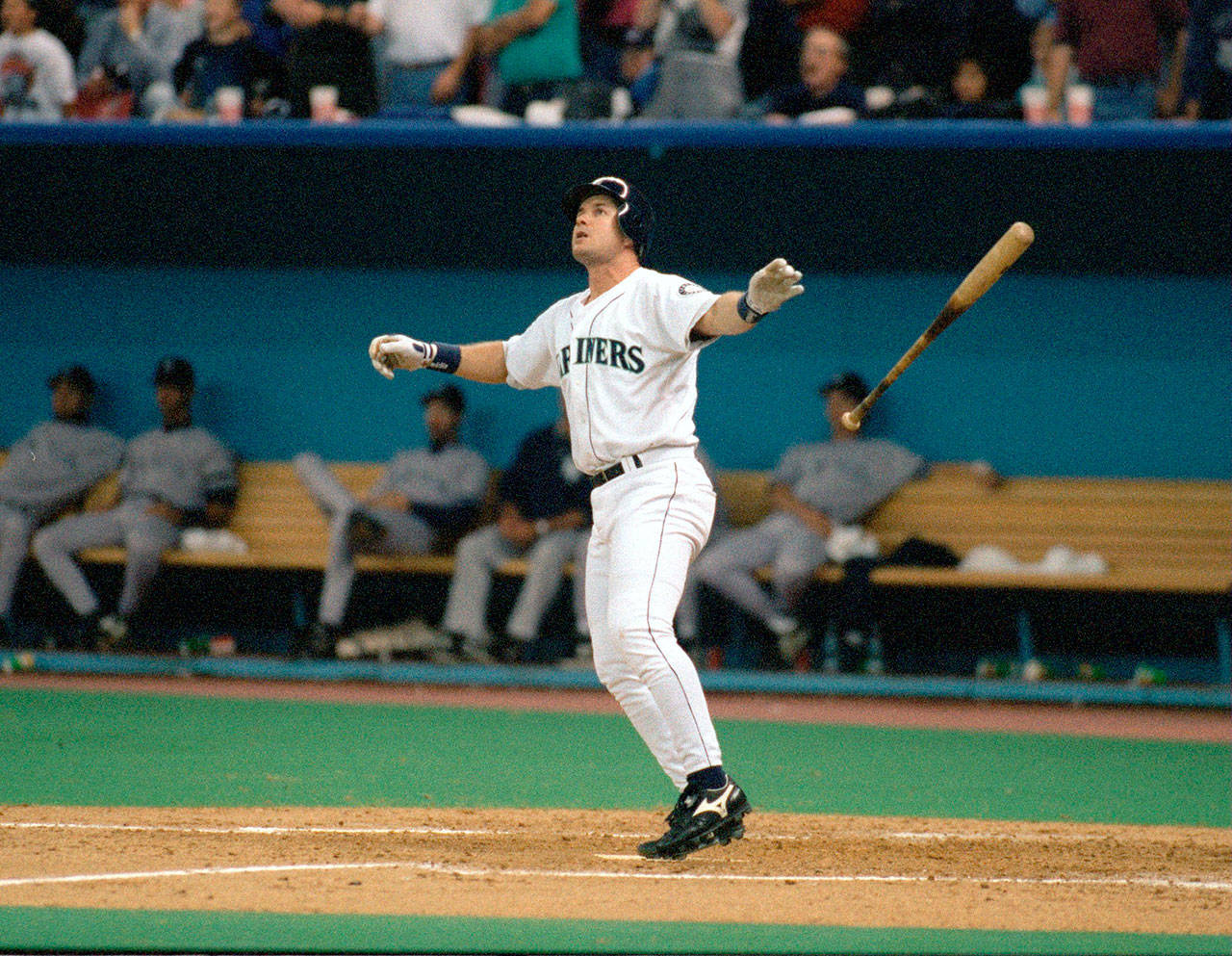 Edgar Martinez watches his home run in the 1996 American League Division Series. Martinez was named to the MLB Hall of Fame on Tuesday. (Seattle Times File Photo)