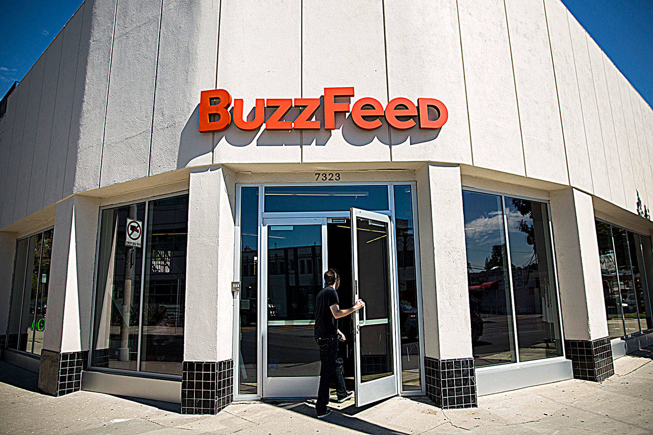 File image of the exterior of the Los Angeles headquarters of the website Buzzfeed.com, on Beverly Boulevard, photographed Oct. 7, 2013. Buzzfeed was among other online outlets last week that laid off staff. (Jay L. Clendenin / Los Angeles Times)