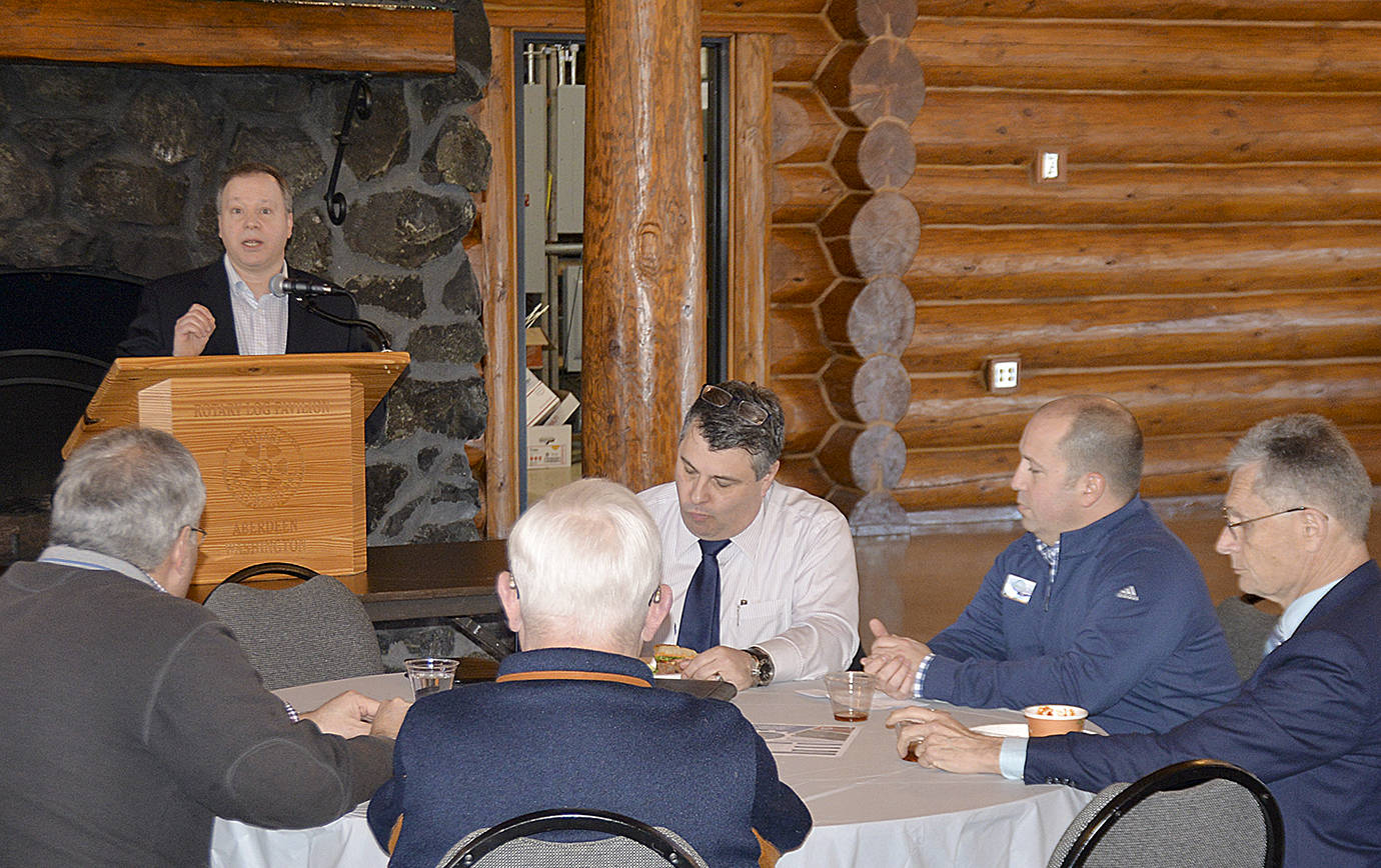 DAN HAMMOCK | GRAYS HARBOR NEWS GROUP                                Greater Grays Harbor Inc. CEO Dru Garson talks economic development at the regional chamber of commerce’s annual business forum lunch at the Rotary Log Pavilion in Aberdeen on Tuesday.