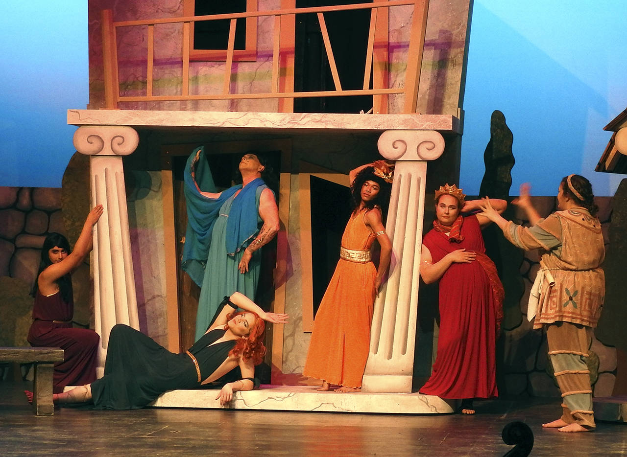 (Kat Bryant | Grays Harbor News Group) Pseudolus (Analei Holt), far right, directs the courtesans to strike a sultry pose.