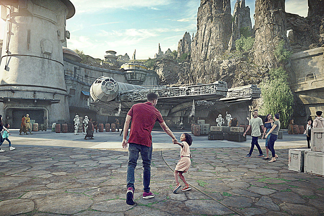 An artist’s concept of Black Spire Outpost as part of the village inside of Star Wars: Galaxy’s Edge, opening in May at Disneyland Resort in California and fall 2019 at Walt Disney World Resort in Florida. It’s doubtful that there will ever be crowds as small as pictured.                                 (Disney Parks/TNS)