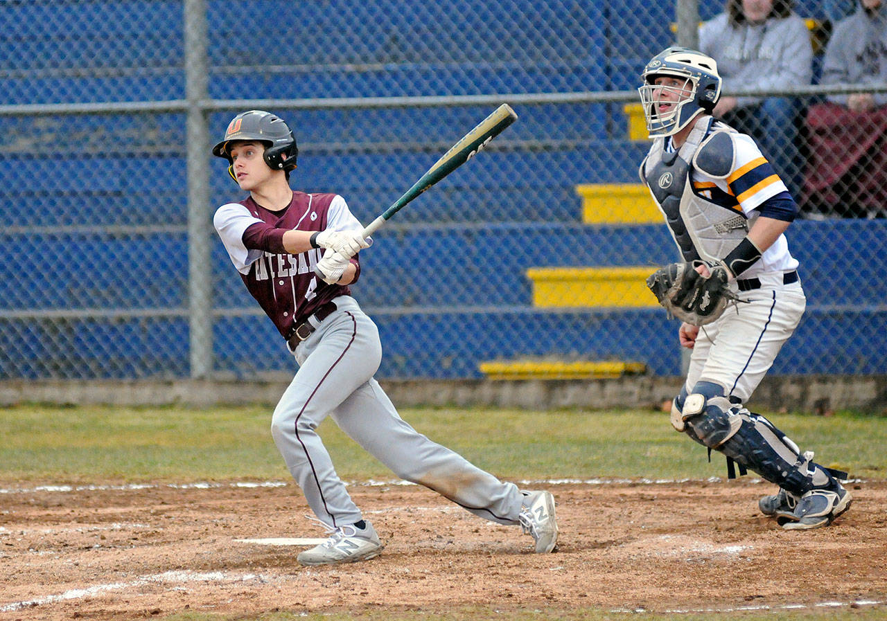 Montesano right fielder Aaron Lano smacks a run-scoring single in the fifth inning against Aberdeen on Thursday. Lano drove in four runs in the game. (Ryan Sparks | Grays Harbor News Group)