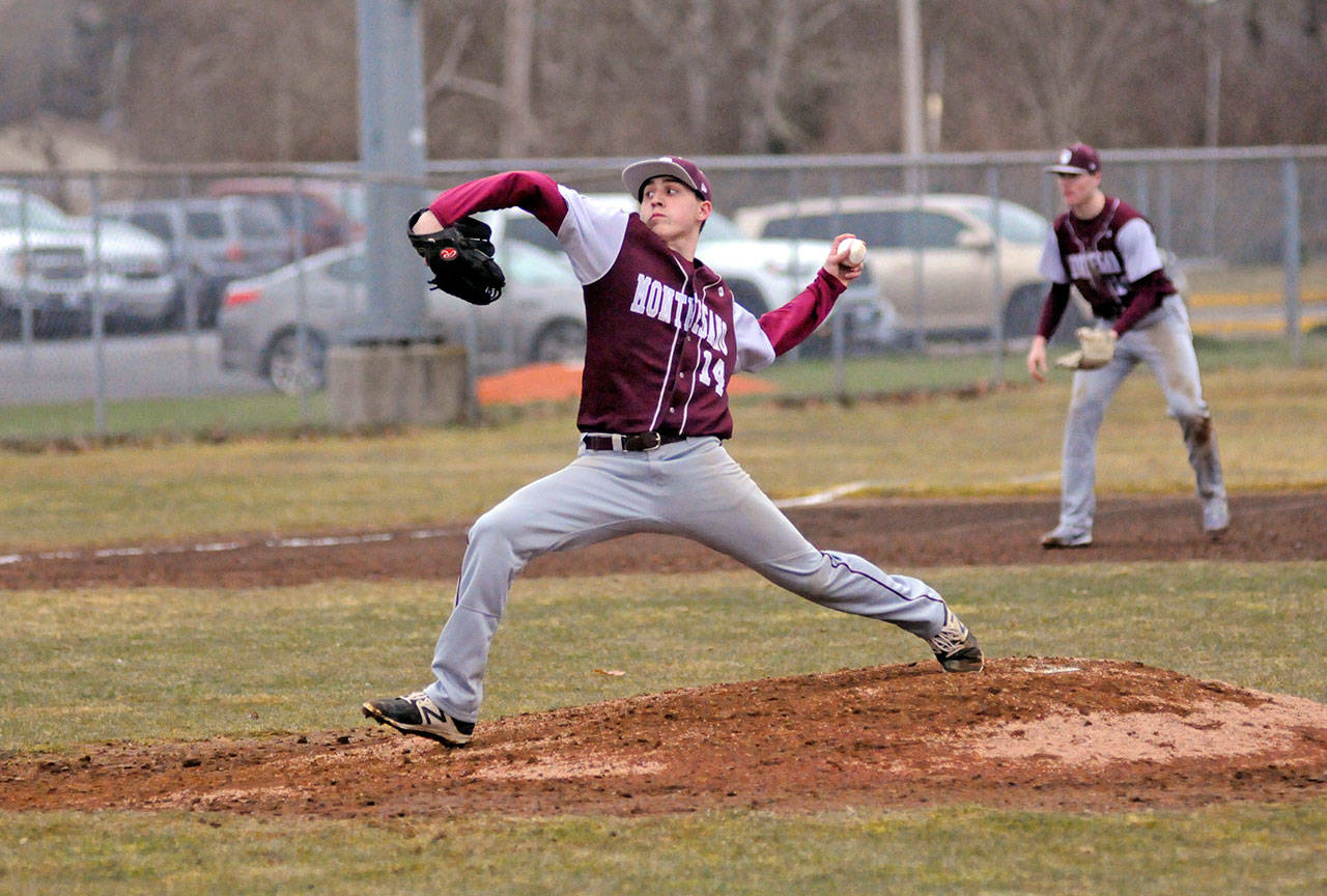 Montesano starting pitcher Cyrus Parsons makes a pitch during the third inning of the Bulldogs’ 15-3 victory over Aberdeen on Thursday at Pioneer Park. (Ryan Sparks | Grays Harbor News Group)