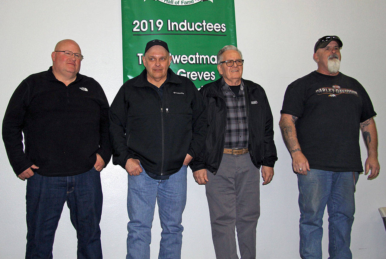 Photo by Randy Beerbower Elma Auto Raceway 2019 Hall of Fame inductees (from left) Tom Sweatman, Don “Slim” Erickson, Bob Beerbower and Rick Greves pose for a photo on March 9. Not pictured: Martin Hinderlie.