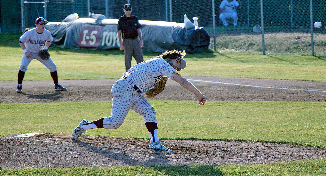 Montesano’s Teegan Zillyett makes a pitch during a game against WF West on Tuesday in Chehalis. (Matt Baide | Centralia Chronicle)