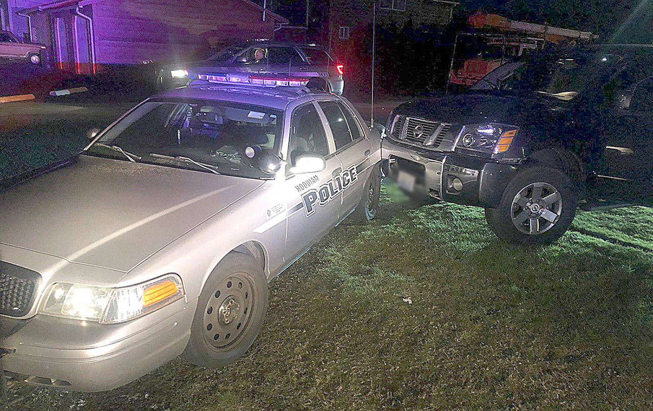 COURTESY HOQUIAM POLICE DEPARTMENT                                 A Hoquiam Police officer escaped injury when a suspected drunk driver rammed the officer’s squad car late Tuesday.